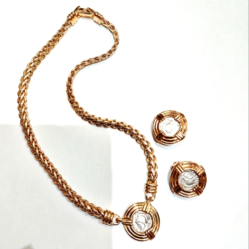 Vintage Carolee Roman coin necklace gold toned Chain & earrings